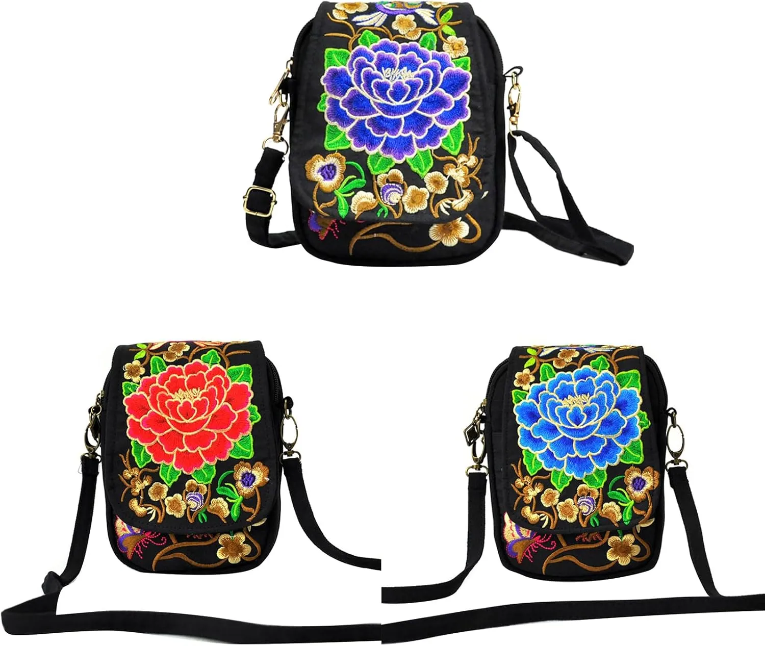 Ethnic Handmade Embroidery Flower Crossbody Bag Purse Travel Shoulder Bags Phone Pouch with Floral Design for Women, 15*5*18cm, Red Peony