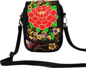 Ethnic Handmade Embroidery Flower Crossbody Bag Purse Travel Shoulder Bags Phone Pouch with Floral Design for Women, 15*5*18cm, Red Peony