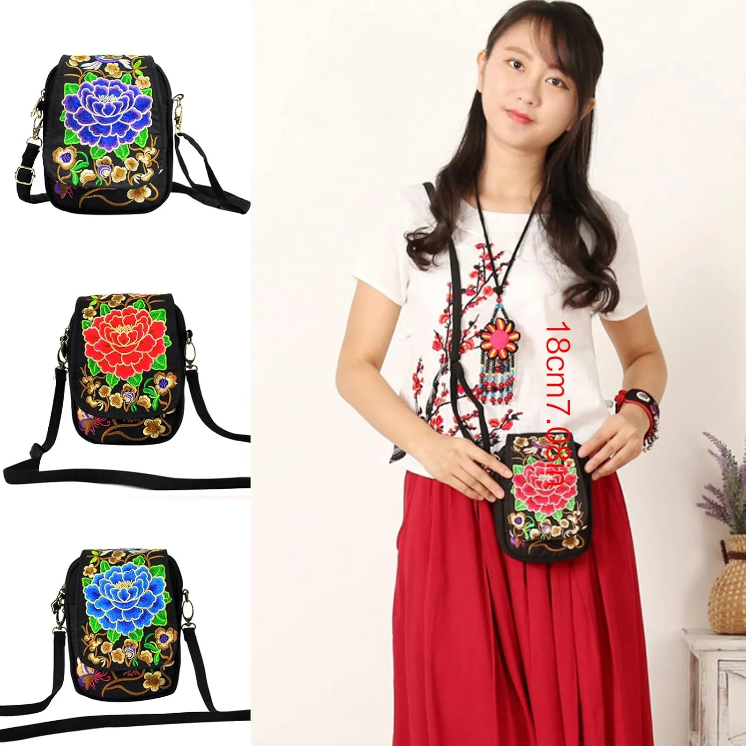 Ethnic Handmade Embroidery Flower Crossbody Bag Purse Travel Shoulder Bags Phone Pouch with Floral Design for Women, 15*5*18cm, Red Peony
