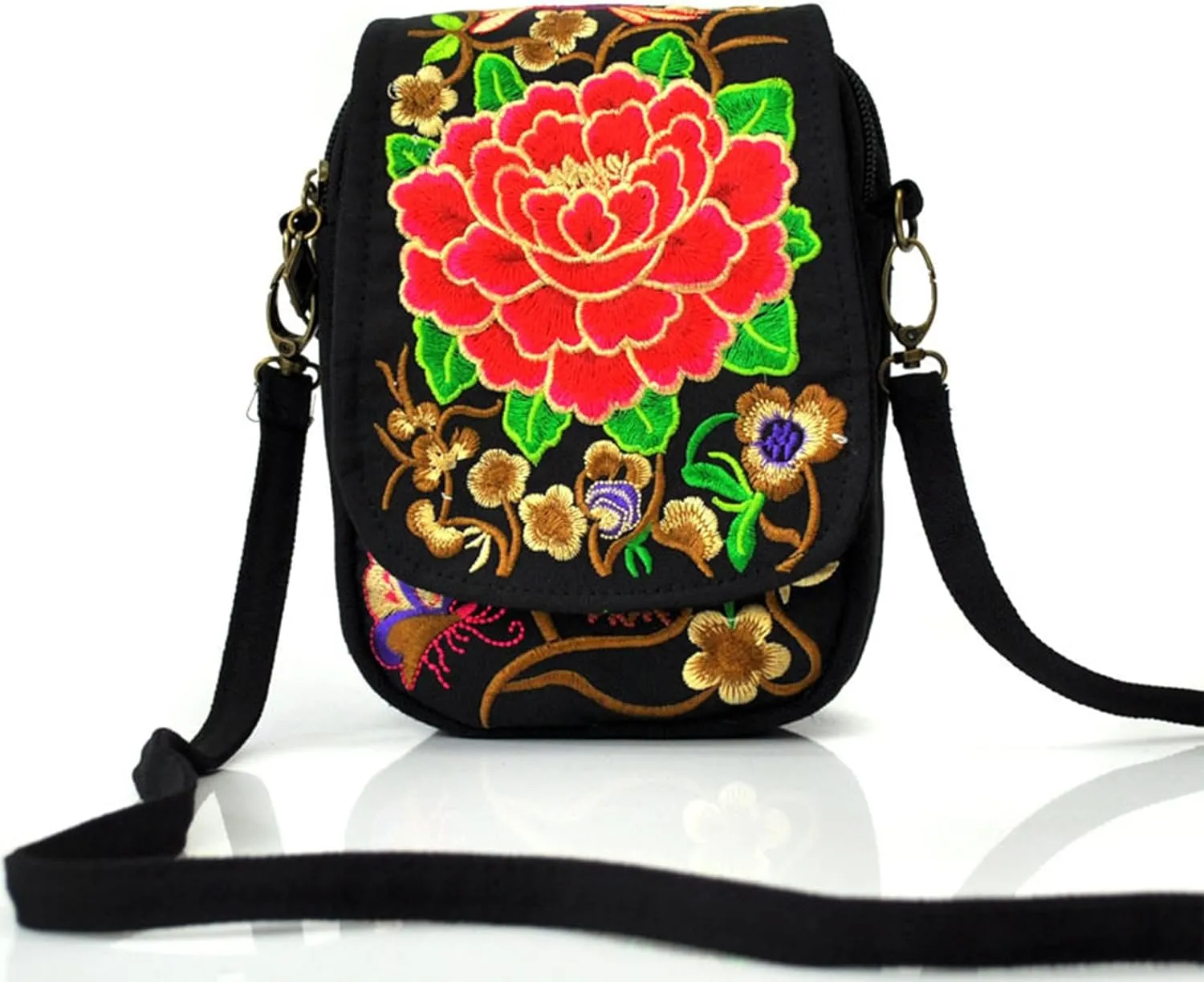 Ethnic Handmade Embroidery Flower Crossbody Bag Purse Travel Shoulder Bags Phone Pouch with Floral Design for Women