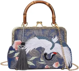 Evening Clutch or Party Purse, Crane-Embroidered Jacquard Tote, Ideal for Weddings, Formal Events, and Dances