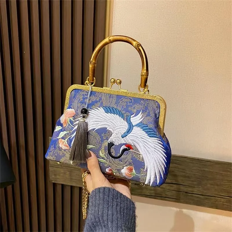 Evening Clutch or Party Purse, Crane-Embroidered Jacquard Tote, Ideal for Weddings, Formal Events, and Dances