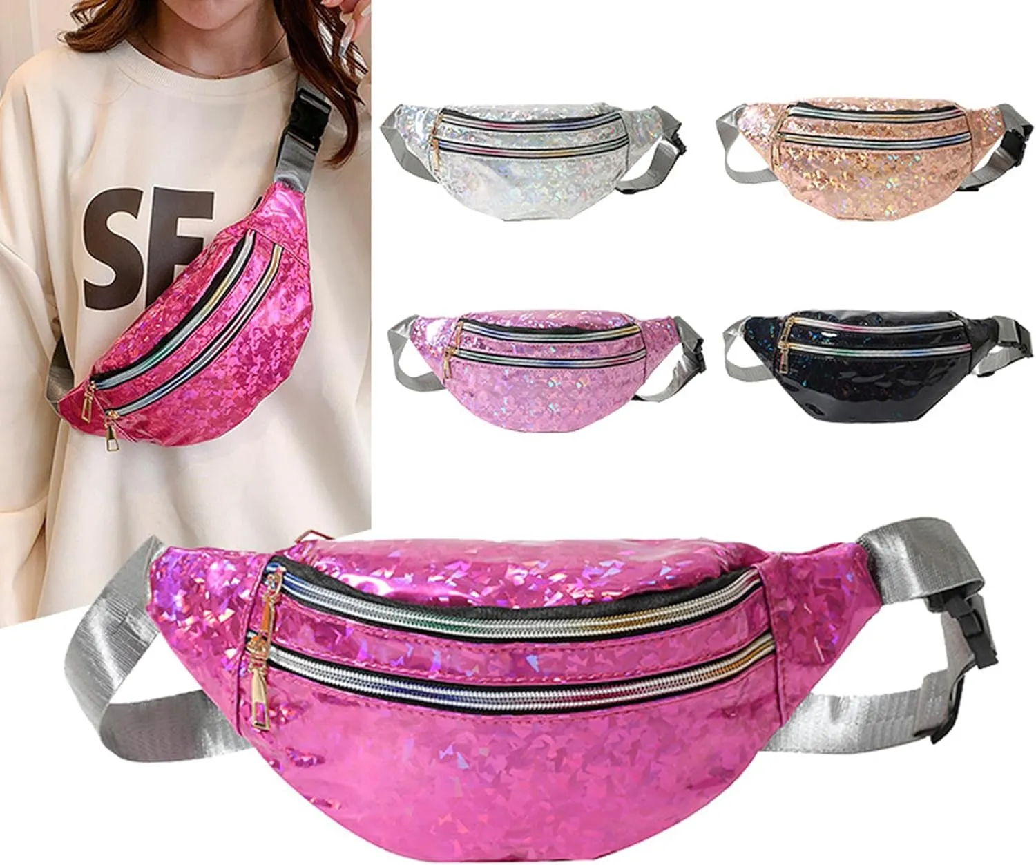 eYLun Women Holographic Fanny Pack Belt Bag Crossbody Bag Waist Bag Waterproof Waist Packs Bumbag Running Traveling Pink