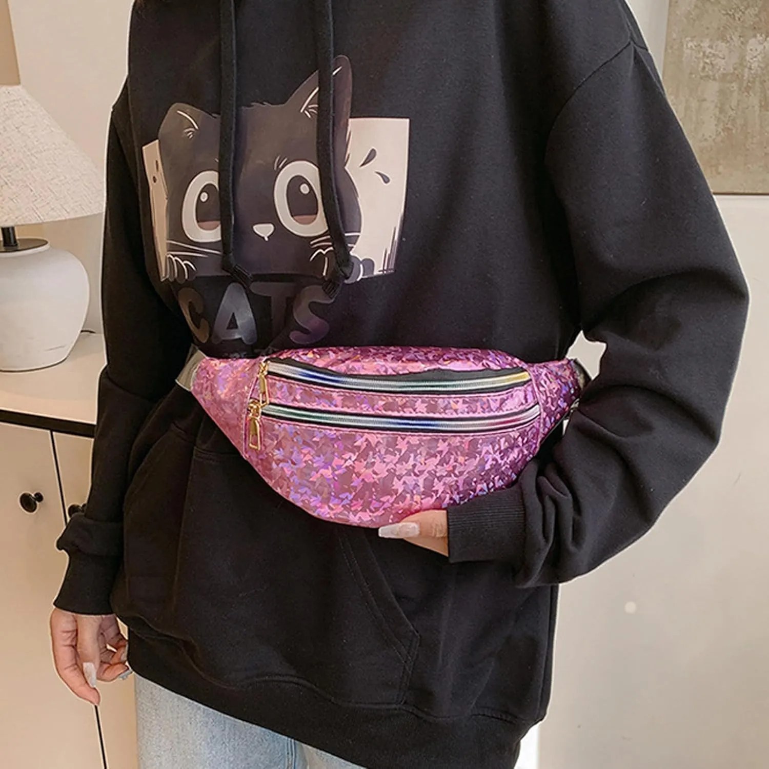 eYLun Women Holographic Fanny Pack Belt Bag Crossbody Bag Waist Bag Waterproof Waist Packs Bumbag Running Traveling Pink