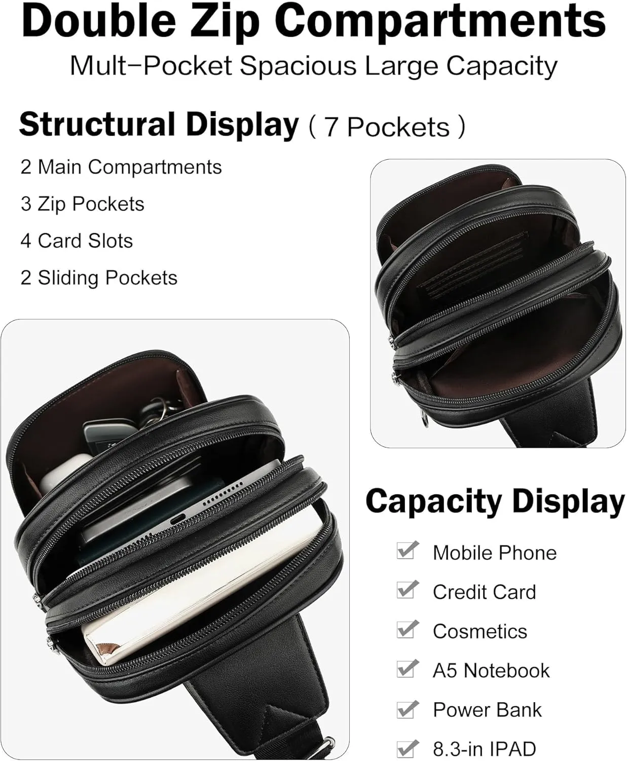 FADEON Sling Bags for Women Crossbody Bags, Designer PU Leather Sling Purse Multi-Pocket Packs with Card Slot Purse Black