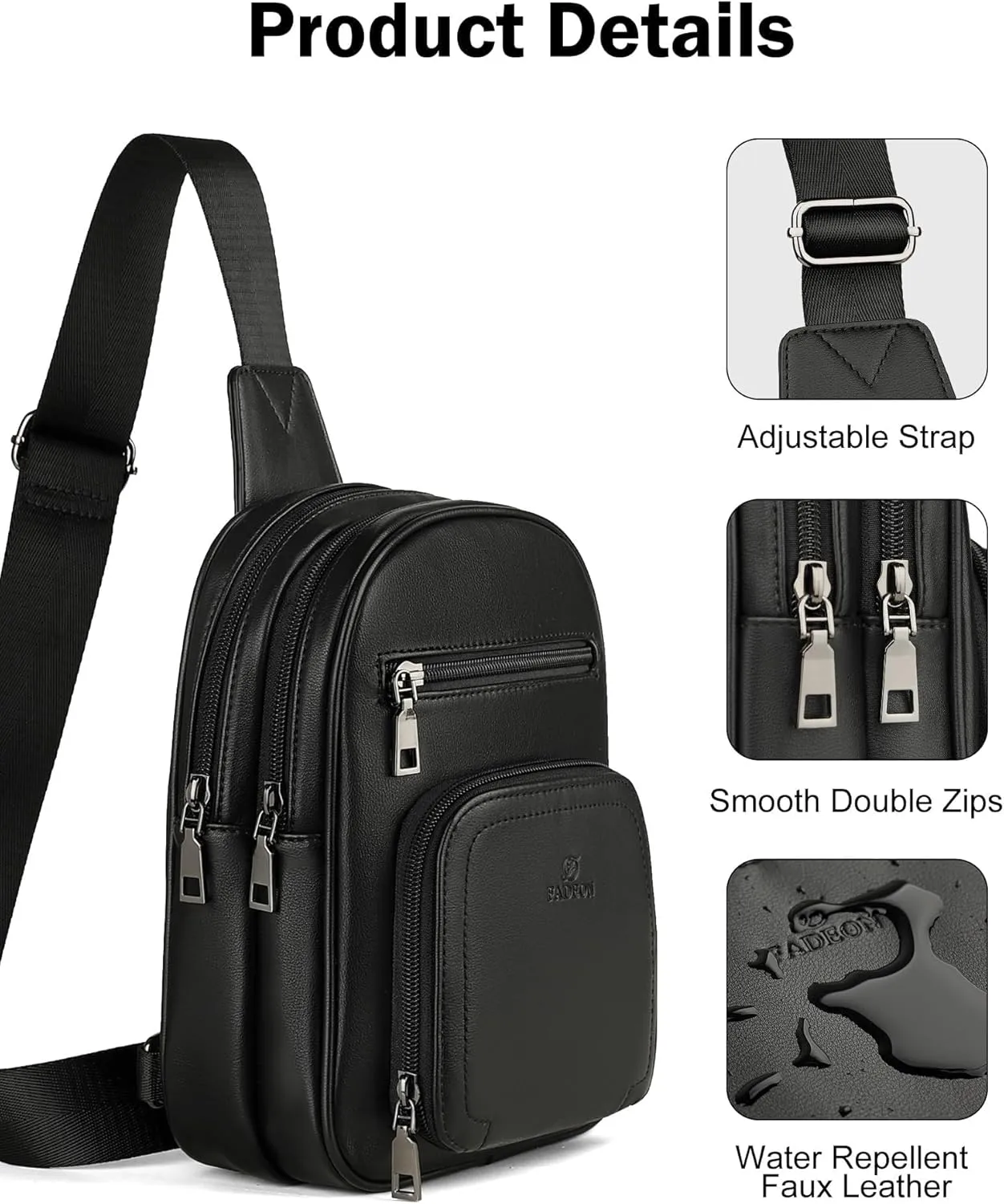 FADEON Sling Bags for Women Crossbody Bags, Designer PU Leather Sling Purse Multi-Pocket Packs with Card Slot Purse Black