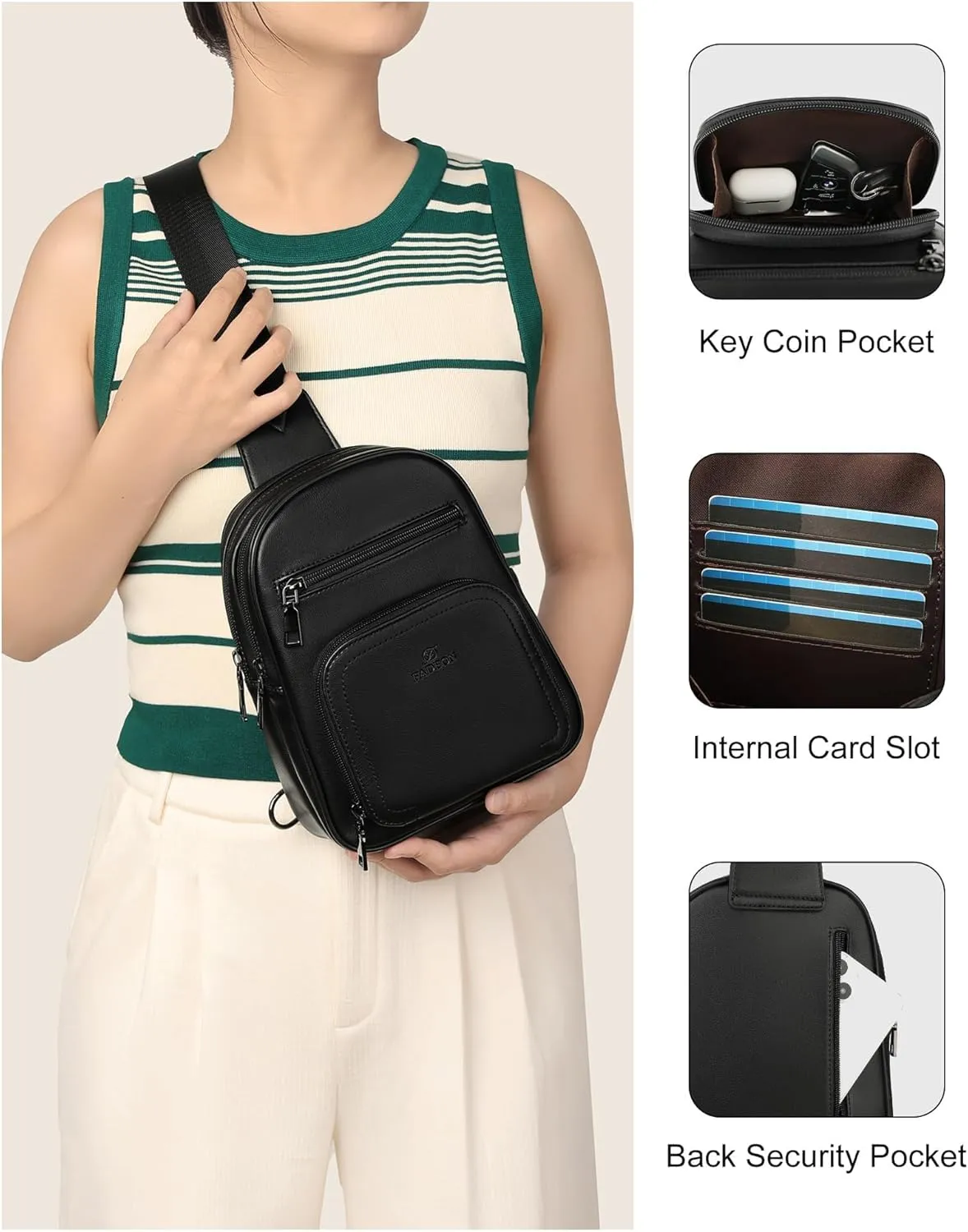 FADEON Sling Bags for Women Crossbody Bags, Designer PU Leather Sling Purse Multi-Pocket Packs with Card Slot Purse Black