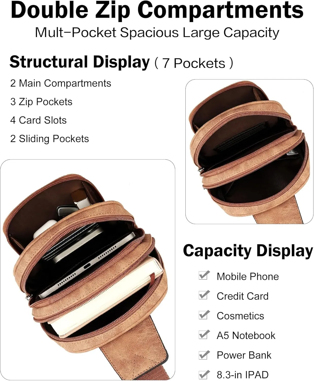 FADEON Women Sling Bags Designer Crossbody Bag, PU Leather Sling Purse Multi-Pocket Packs with Card Slot Suede Brown