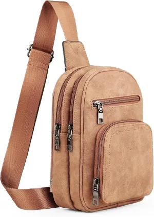 FADEON Women Sling Bags Designer Crossbody Bag, PU Leather Sling Purse Multi-Pocket Packs with Card Slot Suede Brown