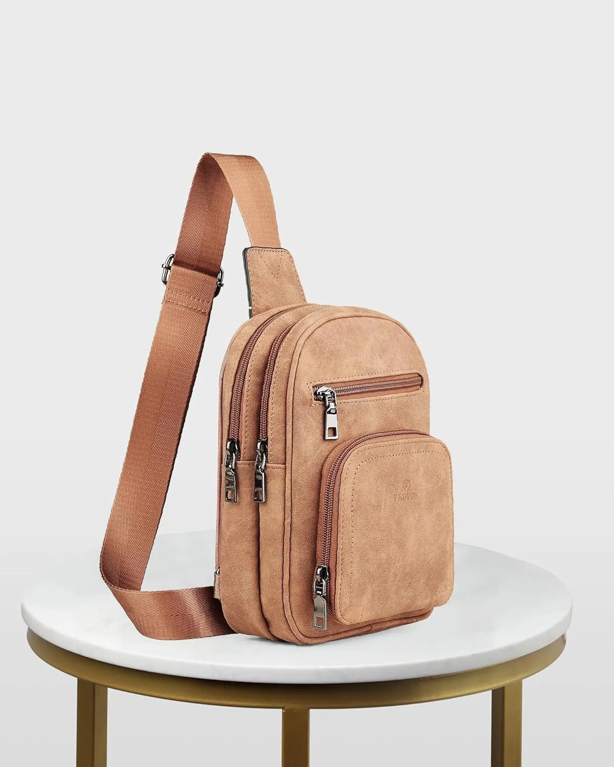 FADEON Women Sling Bags Designer Crossbody Bag, PU Leather Sling Purse Multi-Pocket Packs with Card Slot Suede Brown