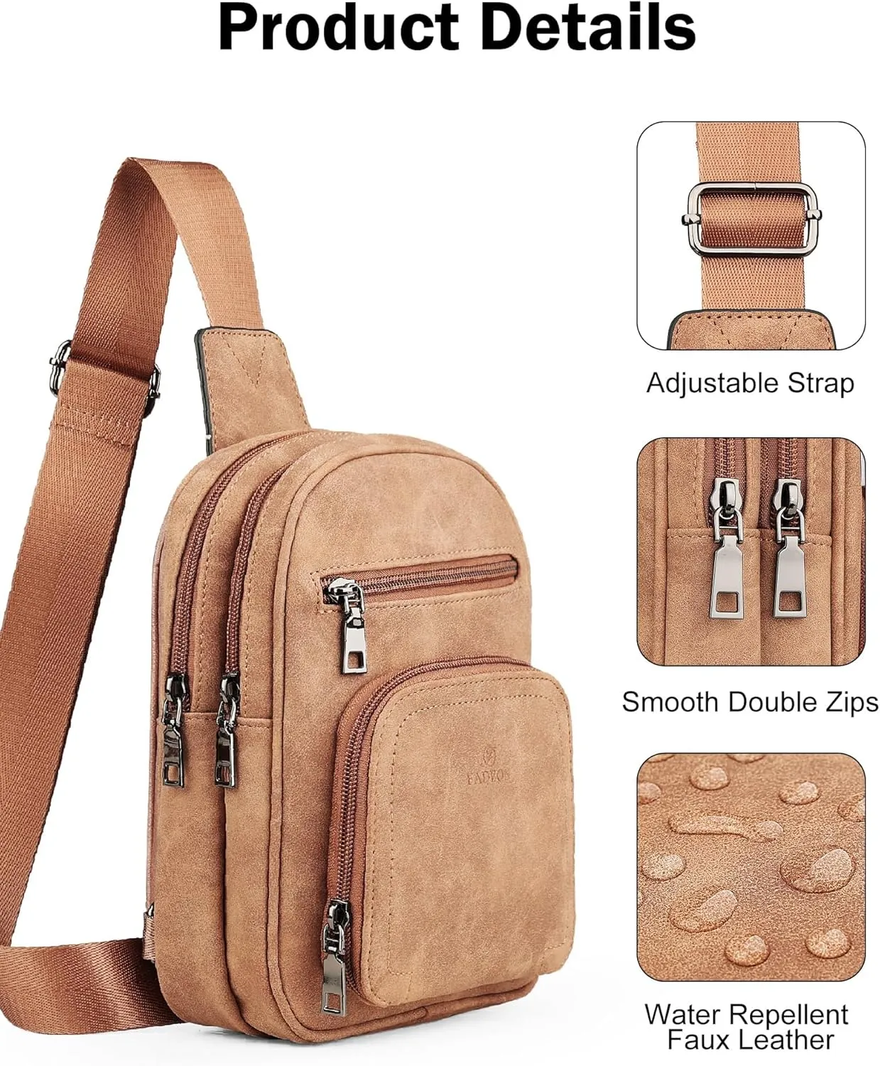 FADEON Women Sling Bags Designer Crossbody Bag, PU Leather Sling Purse Multi-Pocket Packs with Card Slot Suede Brown