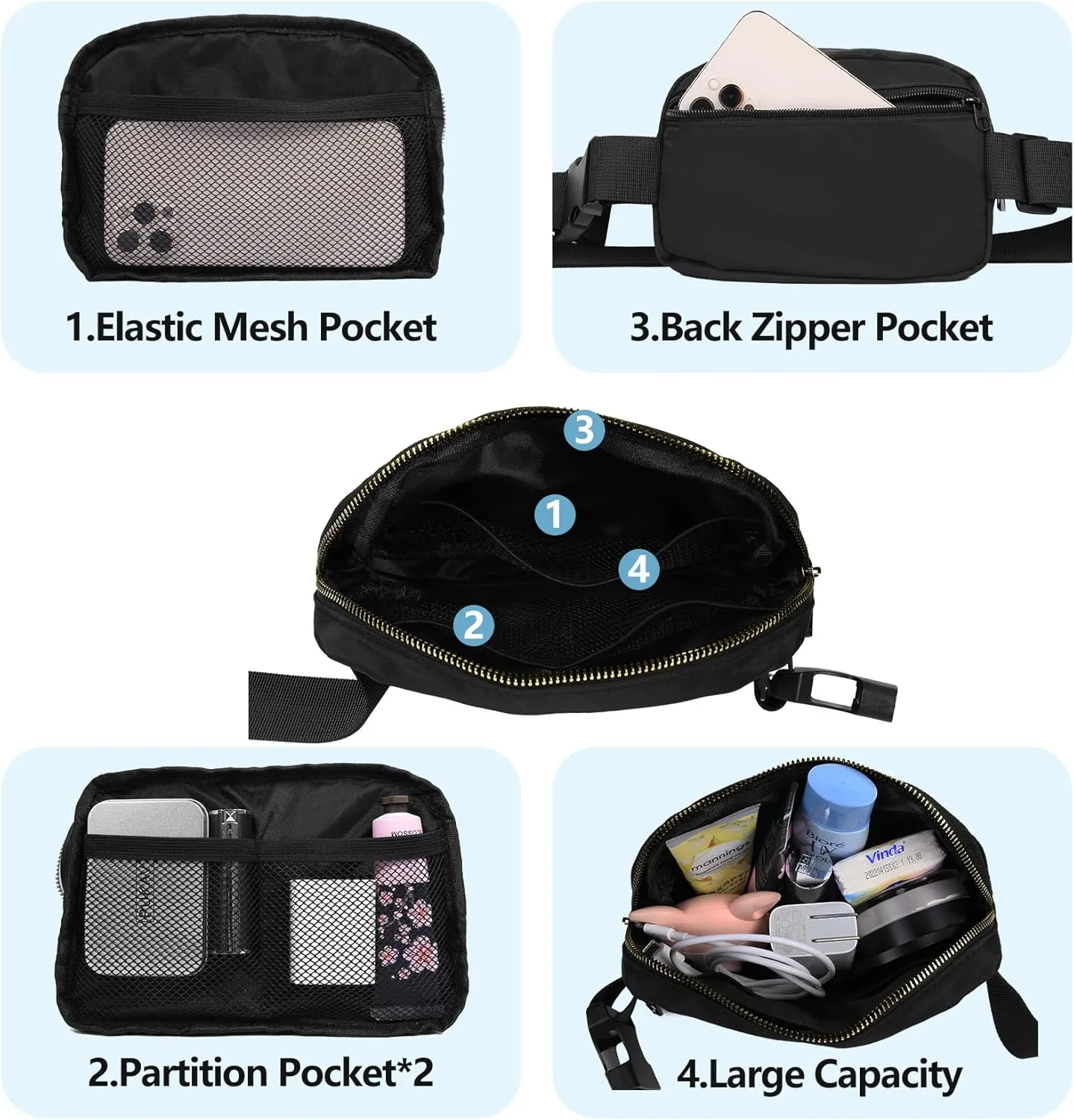 Fanny Pack Crossbody Bag for Women and Men, Belt Bag for Hiking Bum Bag with Adjustable Strap, Waist pack for Running Workout Sports Travel Black Oliver Green