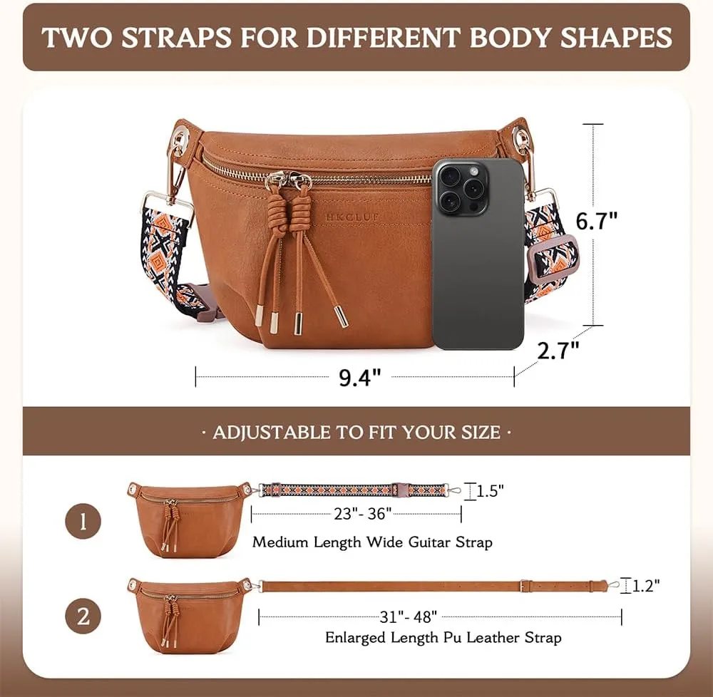 Fanny Pack Crossbody Bags for Women Vegan Leather Belt Bag Waist Pack Causal Chest Bum Bag With 2 Straps Amber Brown