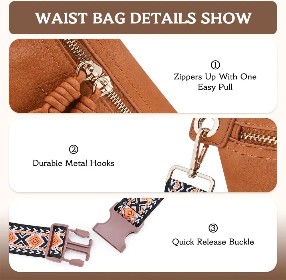 Fanny Pack Crossbody Bags for Women Vegan Leather Belt Bag Waist Pack Causal Chest Bum Bag With 2 Straps Amber Brown