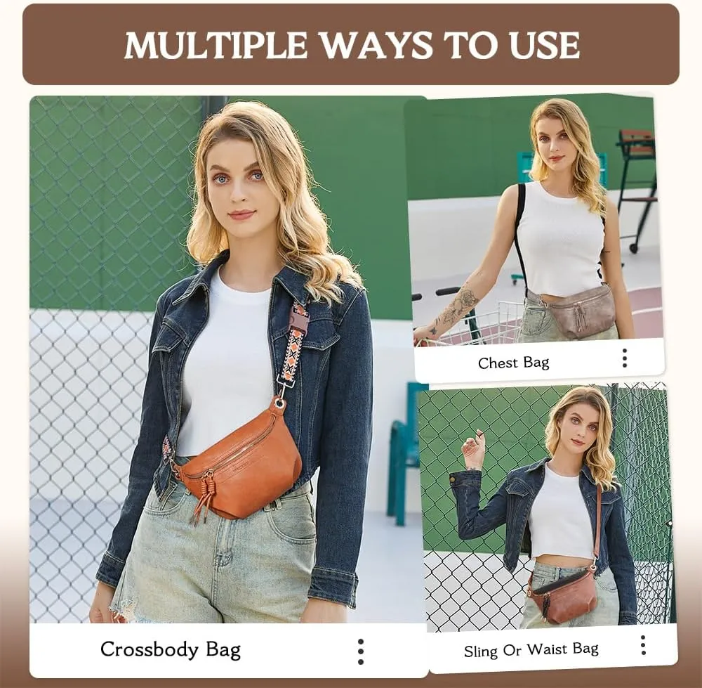 Fanny Pack Crossbody Bags for Women Vegan Leather Belt Bag Waist Pack Causal Chest Bum Bag With 2 Straps Amber Brown