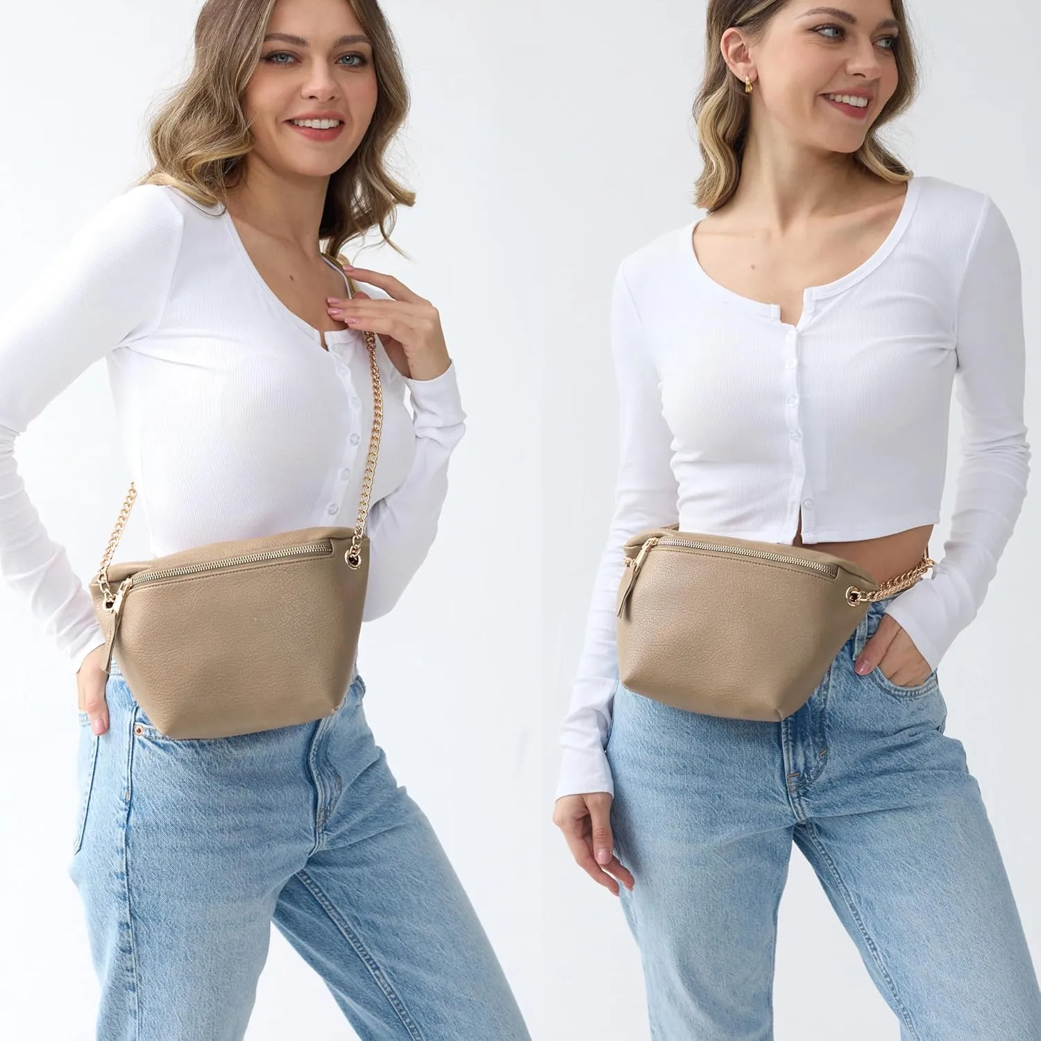 Fanny Pack for Women Vegan Leather Cross body Chain Belt Purse Chest Bag Bum Hip Waist Pack for Travel Outdoor Hiking (Nude)