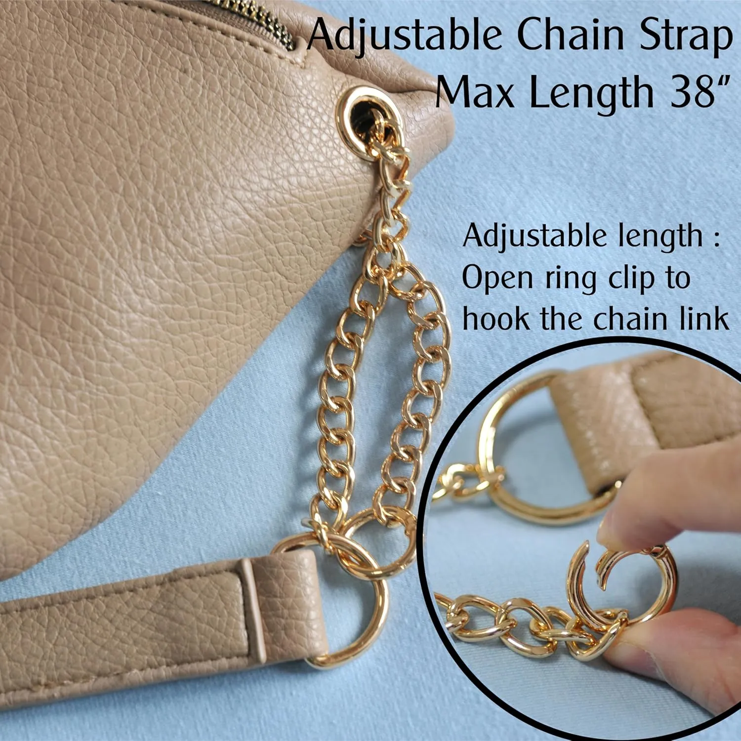 Fanny Pack for Women Vegan Leather Cross body Chain Belt Purse Chest Bag Bum Hip Waist Pack for Travel Outdoor Hiking (Nude)