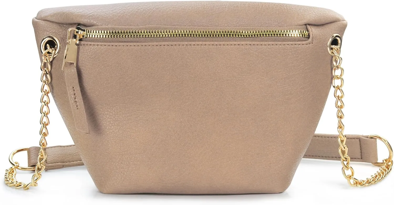Fanny Pack for Women Vegan Leather Cross body Chain Belt Purse Chest Bag Bum Hip Waist Pack for Travel Outdoor Hiking (Nude)