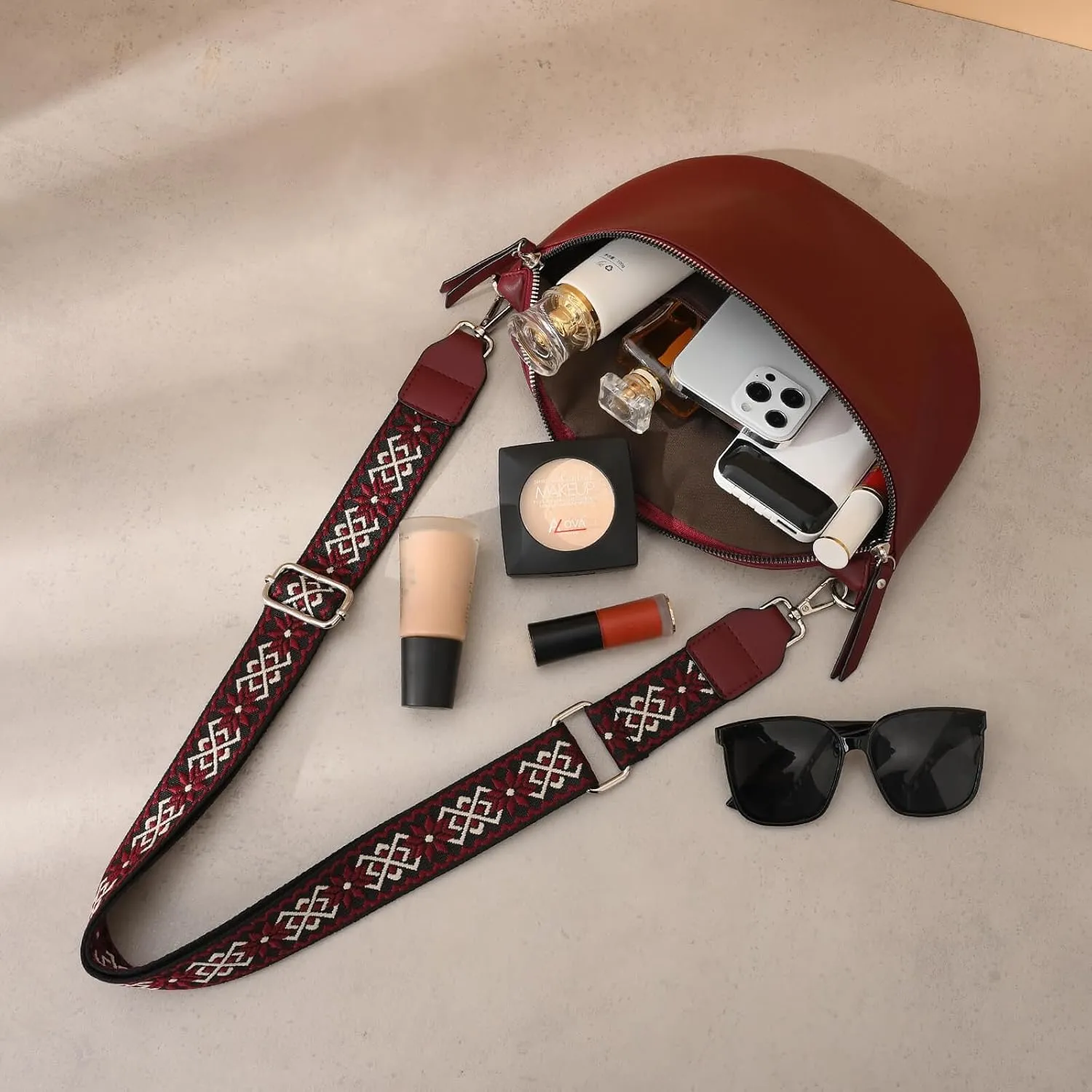 Fanny Packs for Women Cross Body Belt Bag for Women with Guitar Strap PU Leather Crossbody Bags for Women Trendy Cute Designer Bum Bags for Travel Everyday(Burgundy)