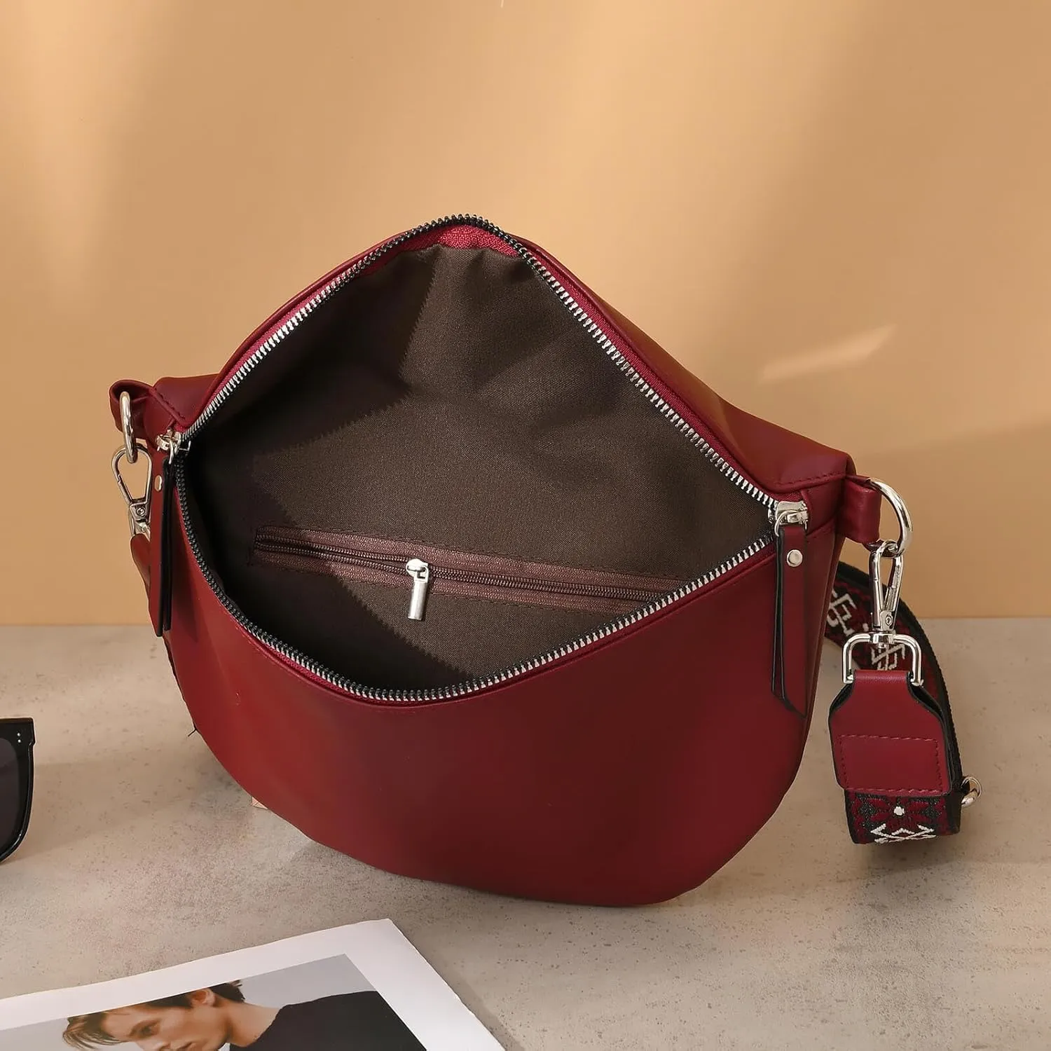 Fanny Packs for Women Cross Body Belt Bag for Women with Guitar Strap PU Leather Crossbody Bags for Women Trendy Cute Designer Bum Bags for Travel Everyday(Burgundy)