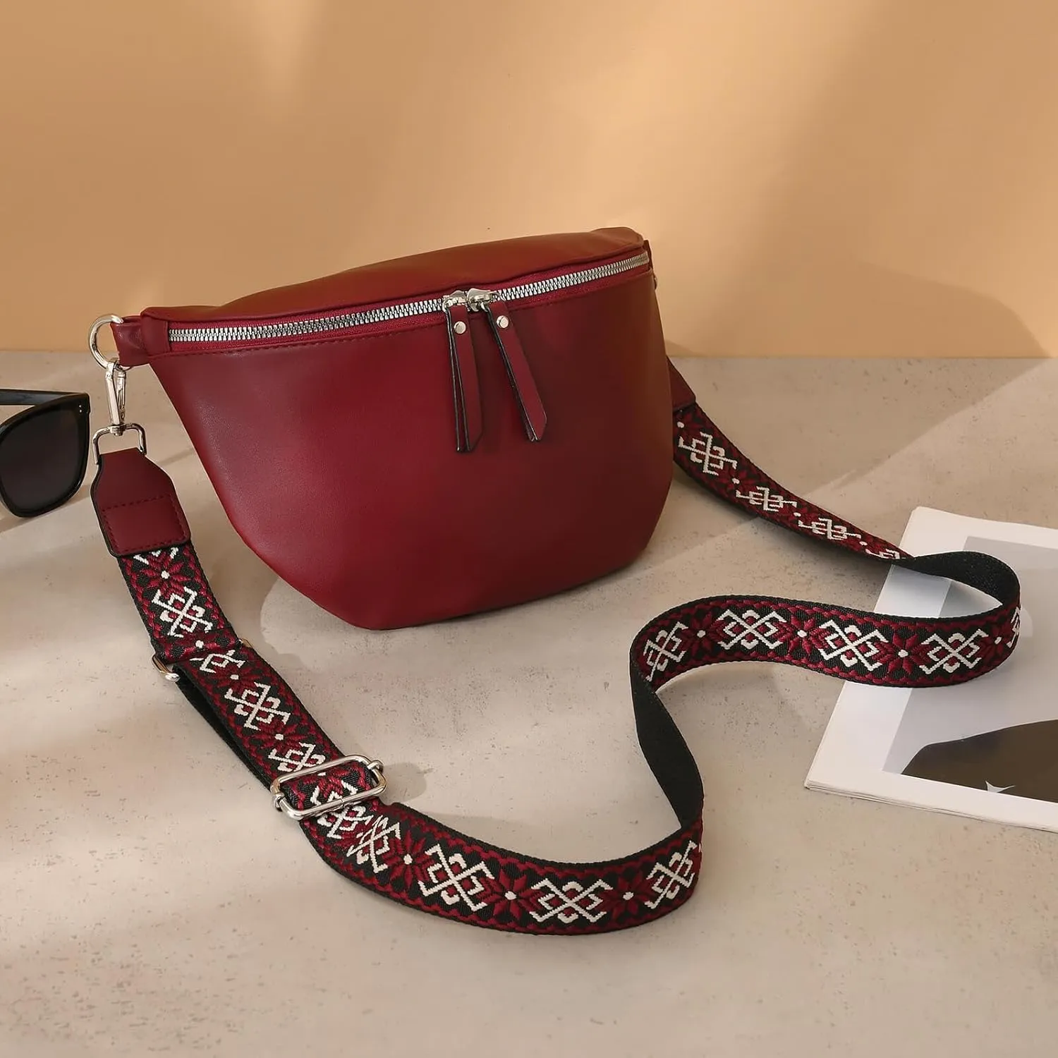 Fanny Packs for Women Cross Body Belt Bag for Women with Guitar Strap PU Leather Crossbody Bags for Women Trendy Cute Designer Bum Bags for Travel Everyday(Burgundy)