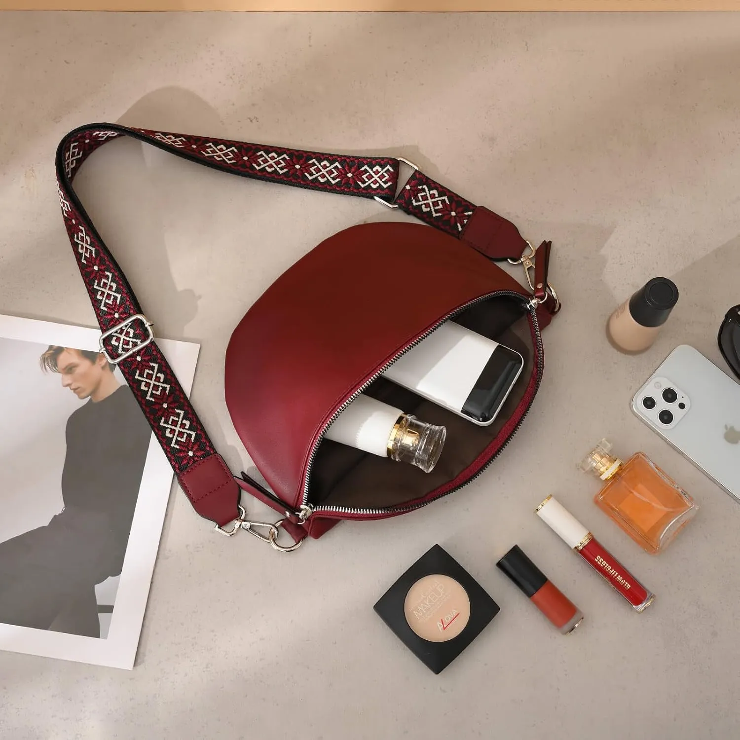Fanny Packs for Women Cross Body Belt Bag for Women with Guitar Strap PU Leather Crossbody Bags for Women Trendy Cute Designer Bum Bags for Travel Everyday(Burgundy)