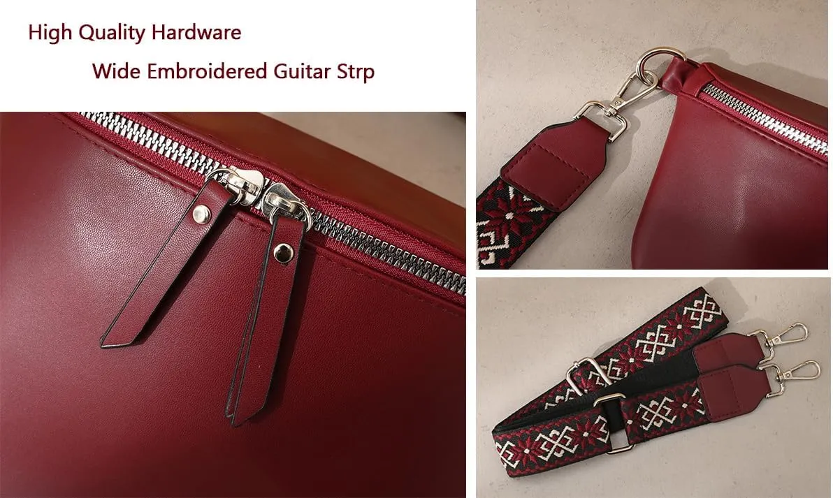 Fanny Packs for Women Cross Body Belt Bag for Women with Guitar Strap PU Leather Crossbody Bags for Women Trendy Cute Designer Bum Bags for Travel Everyday(Burgundy)