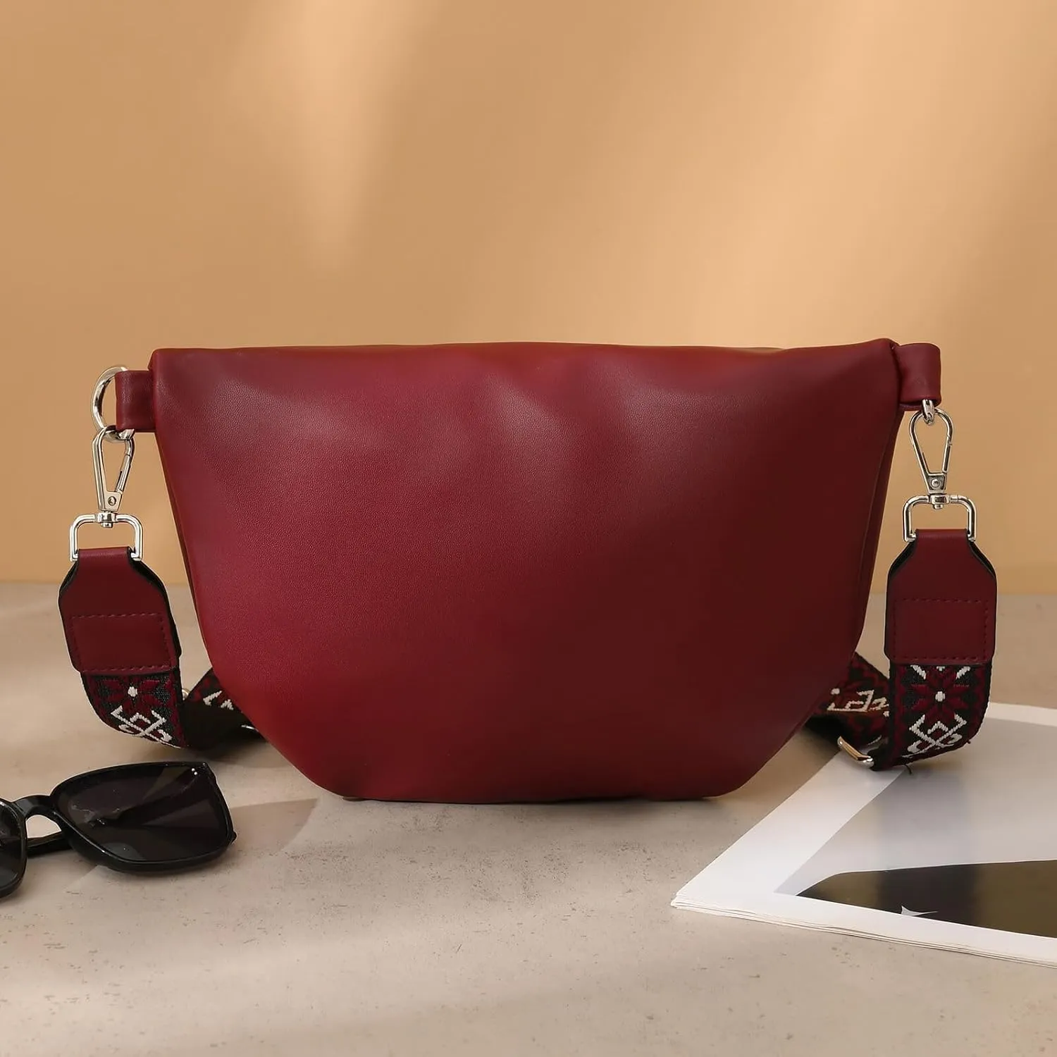 Fanny Packs for Women Cross Body Belt Bag for Women with Guitar Strap PU Leather Crossbody Bags for Women Trendy Cute Designer Bum Bags for Travel Everyday(Burgundy)