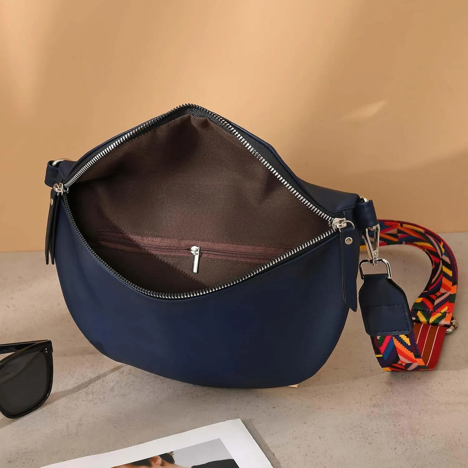 Fanny Packs for Women Cross Body Belt Bag for Women with Guitar Strap PU Leather Crossbody Bags for Women Trendy Cute Designer Bum Bags for Travel Everyday(Navy)