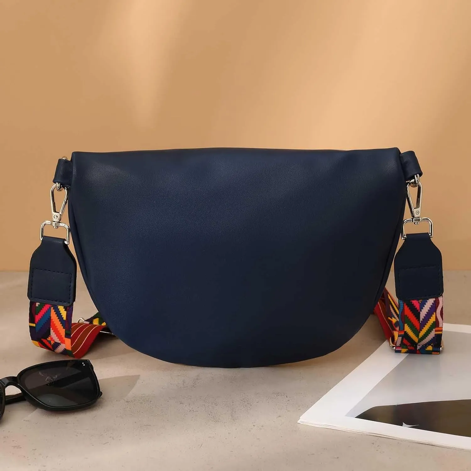 Fanny Packs for Women Cross Body Belt Bag for Women with Guitar Strap PU Leather Crossbody Bags for Women Trendy Cute Designer Bum Bags for Travel Everyday(Navy)