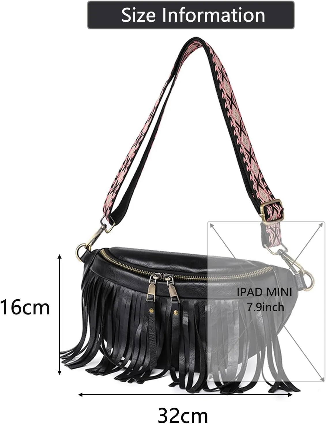 Fanny Packs for Women Fringe Purse Leather Chest Bag Waist Bag Casual Crossbody Bag with Zipper Pockets Travel Festival Sports Hiking Running (Black)
