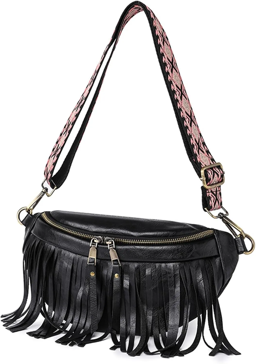 Fanny Packs for Women Fringe Purse Leather Chest Bag Waist Bag Casual Crossbody Bag with Zipper Pockets Travel Festival Sports Hiking Running (Black)