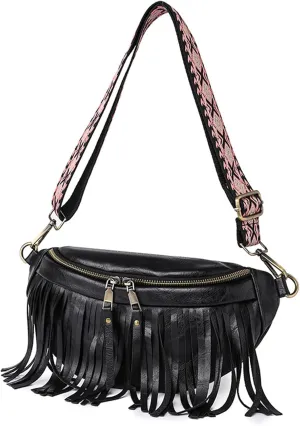 Fanny Packs for Women Fringe Purse Leather Chest Bag Waist Bag Casual Crossbody Bag with Zipper Pockets Travel Festival Sports Hiking Running (Black)