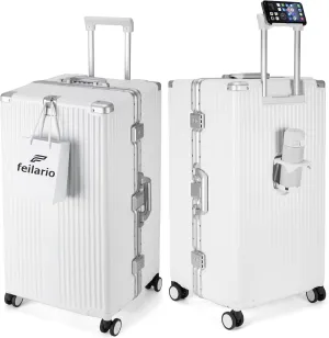 feilario 30in Super Large Captain Aluminum Frame Hardside Spinner Wheels Luggage, Removable Zipperless Checked Suitcase with Cup Holder/Phone Holder