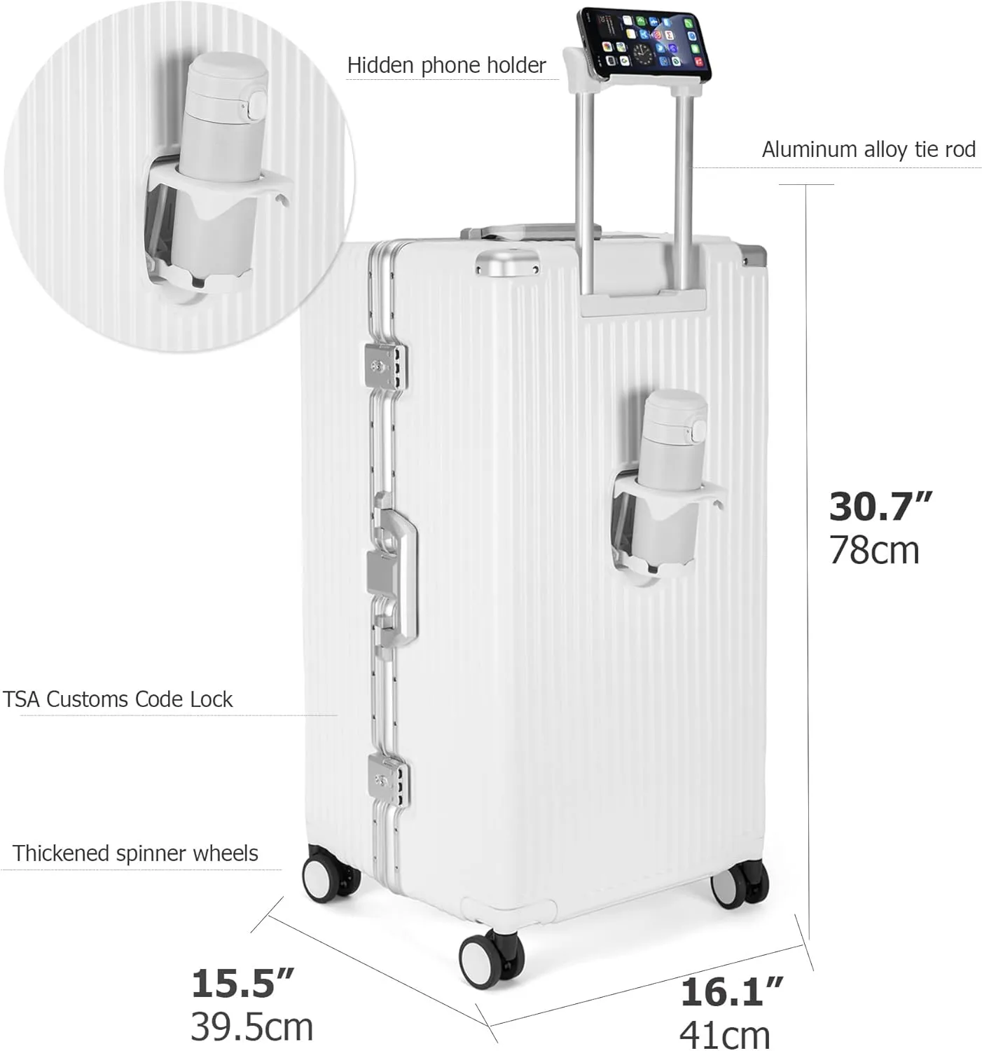 feilario 30in Super Large Captain Aluminum Frame Hardside Spinner Wheels Luggage, Removable Zipperless Checked Suitcase with Cup Holder/Phone Holder