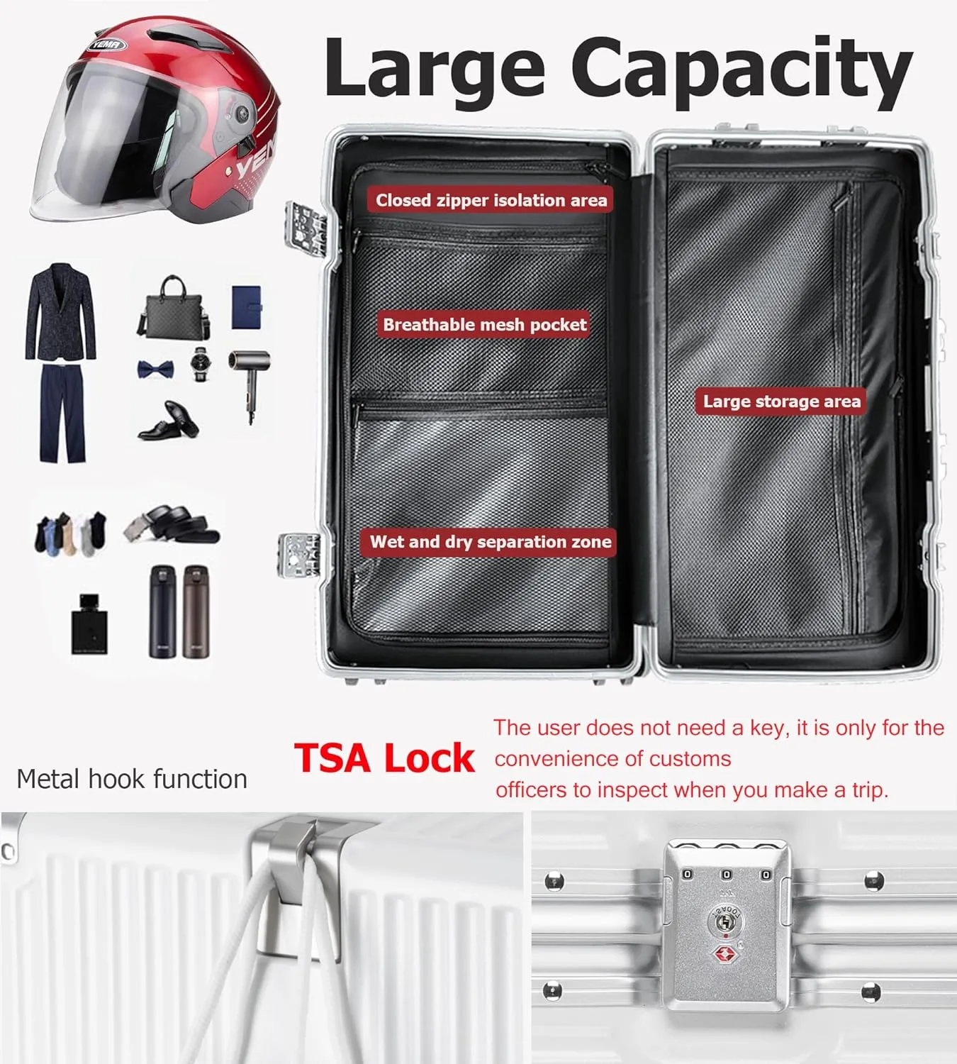 feilario 30in Super Large Captain Aluminum Frame Hardside Spinner Wheels Luggage, Removable Zipperless Checked Suitcase with Cup Holder/Phone Holder