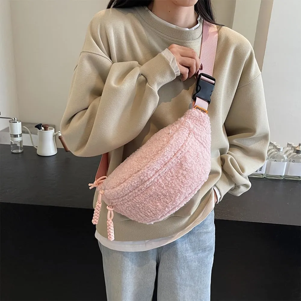 Fleece Sherpa Crossbody Bag for Women Mini Everywhere Belt Bag Trendy Fashionable Cute Waist Pouch Cute Bum Hip Waist Pack Travel Chest Bag (Pink)