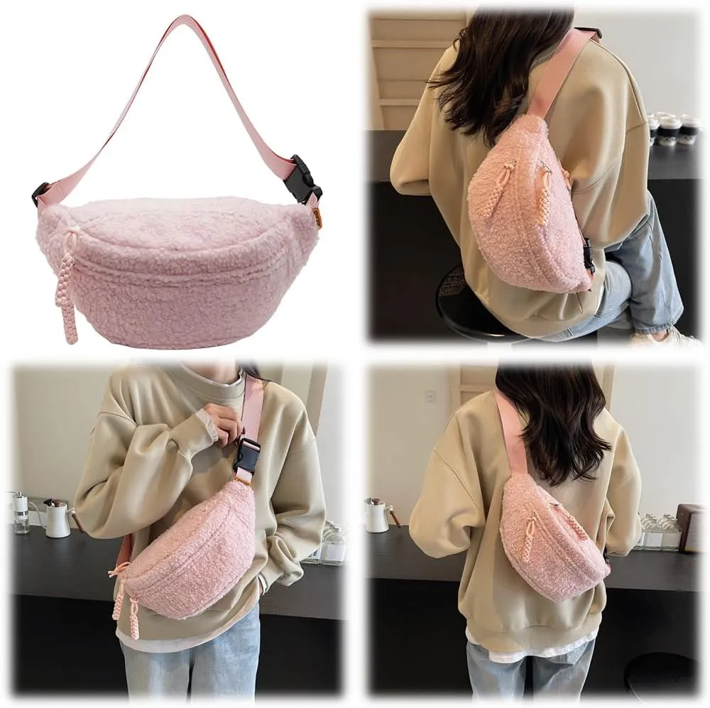 Fleece Sherpa Crossbody Bag for Women Mini Everywhere Belt Bag Trendy Fashionable Cute Waist Pouch Cute Bum Hip Waist Pack Travel Chest Bag (Pink)