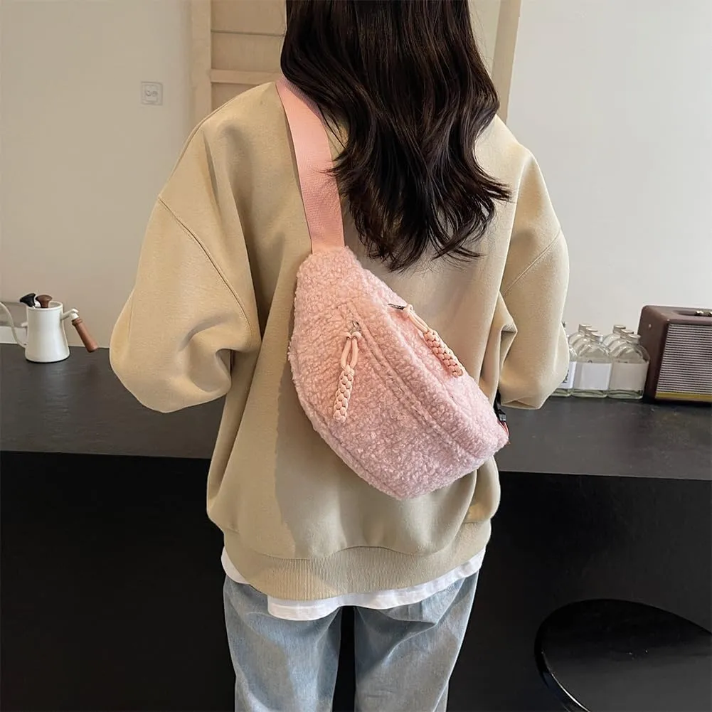 Fleece Sherpa Crossbody Bag for Women Mini Everywhere Belt Bag Trendy Fashionable Cute Waist Pouch Cute Bum Hip Waist Pack Travel Chest Bag (Pink)