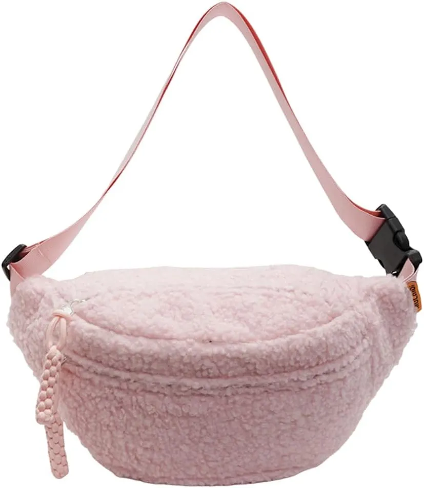 Fleece Sherpa Crossbody Bag for Women Mini Everywhere Belt Bag Trendy Fashionable Cute Waist Pouch Cute Bum Hip Waist Pack Travel Chest Bag (Pink)