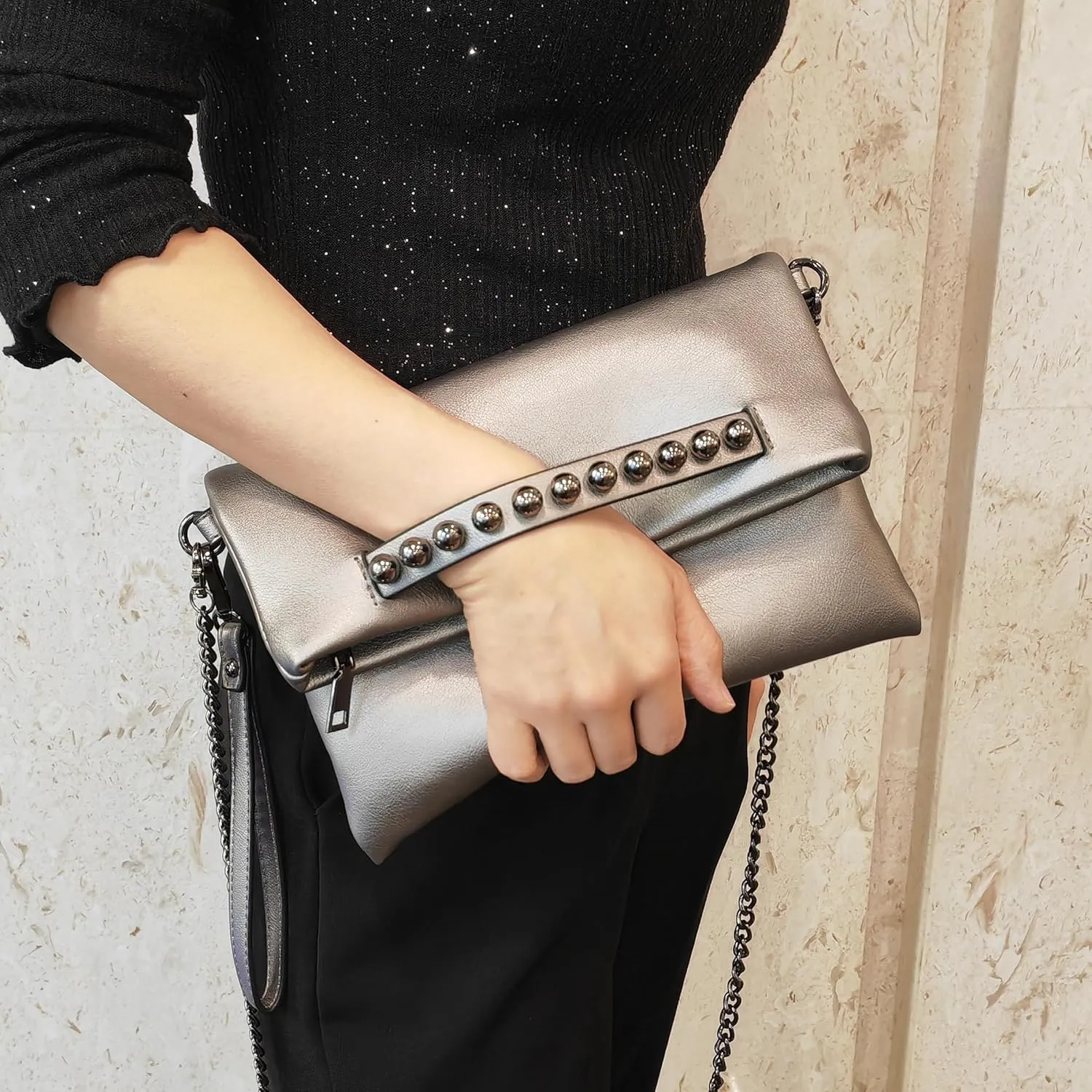 Fold-Over Women Clutch Purse Beaded PU Leather Chain Crossbody Bag Female Envelope Evening Bags