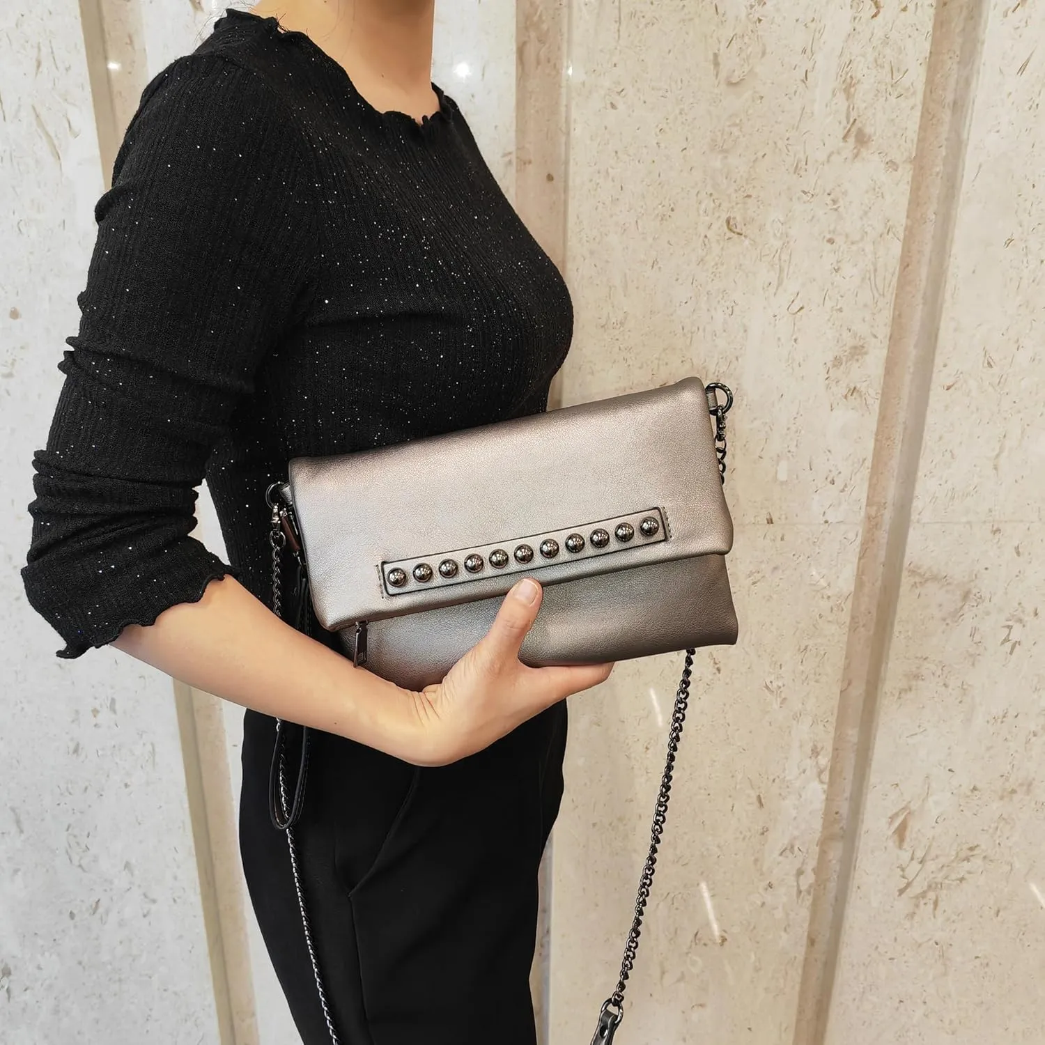 Fold-Over Women Clutch Purse Beaded PU Leather Chain Crossbody Bag Female Envelope Evening Bags