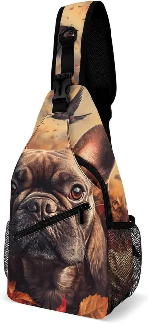 French Bull Dog Autumn Leaves Fashion Sling Bag Shoulder Chest Crossbody Bags Backpack Travel Hiking
