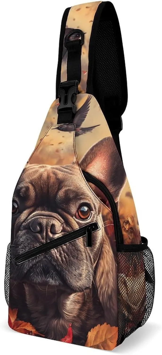 French Bull Dog Autumn Leaves Fashion Sling Bag Shoulder Chest Crossbody Bags Backpack Travel Hiking