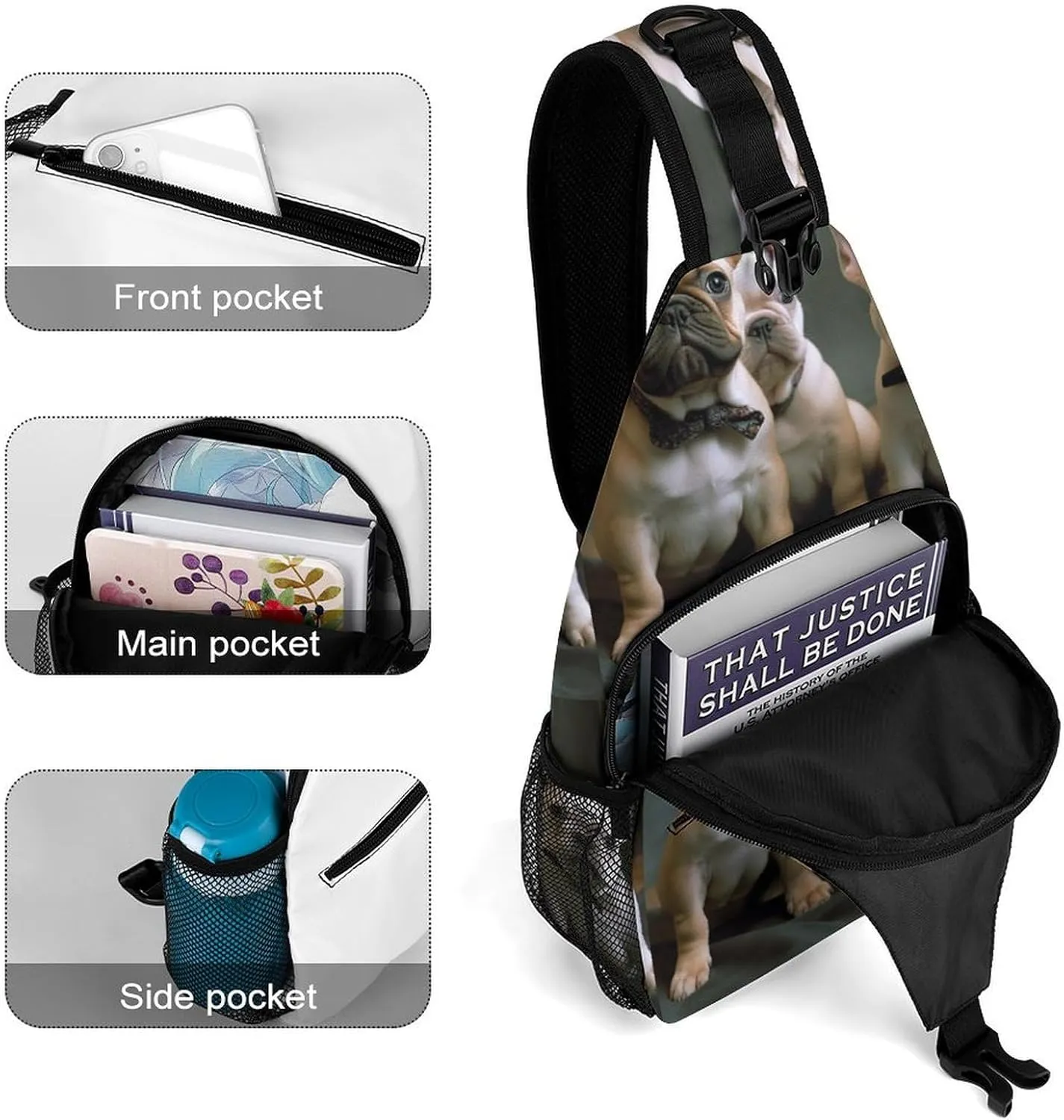 French Bulldog Puppies Sling Backpack Fashion Crossbody Sling Bag for Women Men Chest Bag for Travel Hiking, 38x20cm