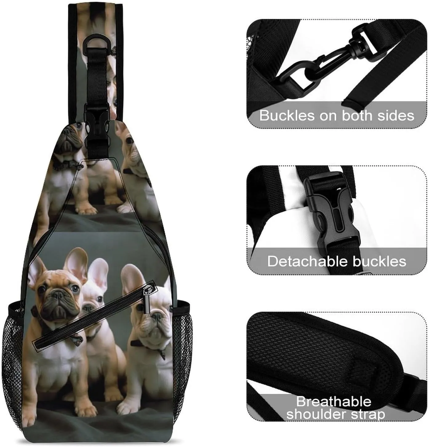 French Bulldog Puppies Sling Backpack Fashion Crossbody Sling Bag for Women Men Chest Bag for Travel Hiking, 38x20cm