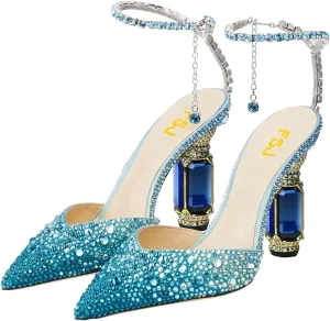 FSJ Women Bridal Heeled Sandals Pointy Toe Crystal Chain Ankle Strap Pumps Luxury Rhinestone Embellished Chunky Heels Wedding Party Dress Shoes Size 4-16 US