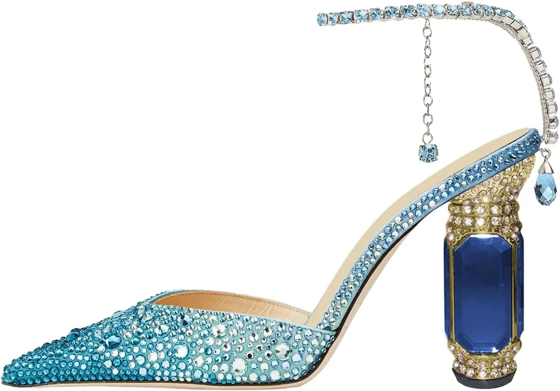 FSJ Women Bridal Heeled Sandals Pointy Toe Crystal Chain Ankle Strap Pumps Luxury Rhinestone Embellished Chunky Heels Wedding Party Dress Shoes Size 4-16 US