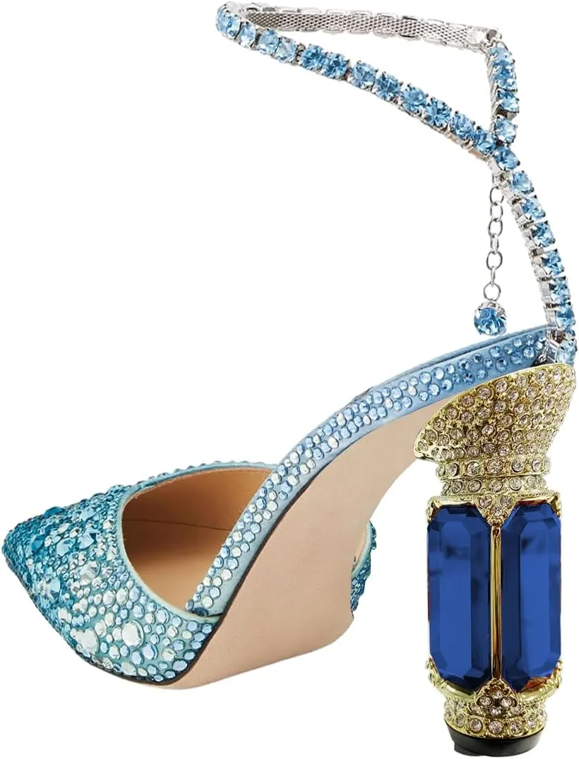 FSJ Women Bridal Heeled Sandals Pointy Toe Crystal Chain Ankle Strap Pumps Luxury Rhinestone Embellished Chunky Heels Wedding Party Dress Shoes Size 4-16 US