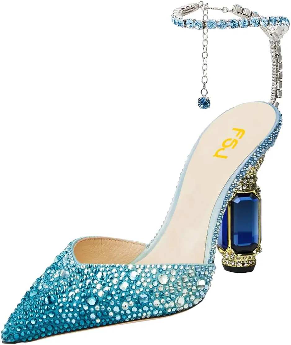 FSJ Women Bridal Heeled Sandals Pointy Toe Crystal Chain Ankle Strap Pumps Luxury Rhinestone Embellished Chunky Heels Wedding Party Dress Shoes Size 4-16 US